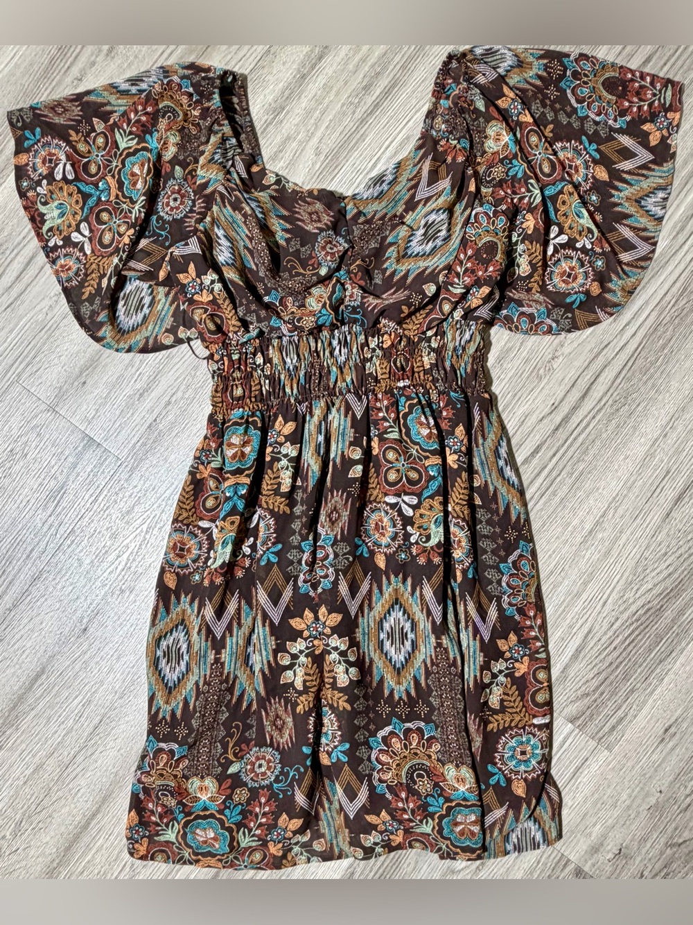 Shyanne Brown Floral Boho Mini Dress with Teal & Rust Accents - Picture 1 of 9